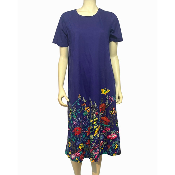 La Cera Sz S Midi Patio Dress Short Sleeve Blue Floral Cotton Knit Casual Modest - Picture 1 of 13